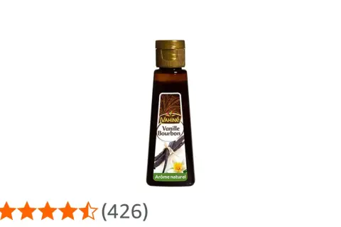 Bouteille d'extrait de vanille Bourbon Vahiné, arôme naturel, avec des gousses de vanille et une fleur.
