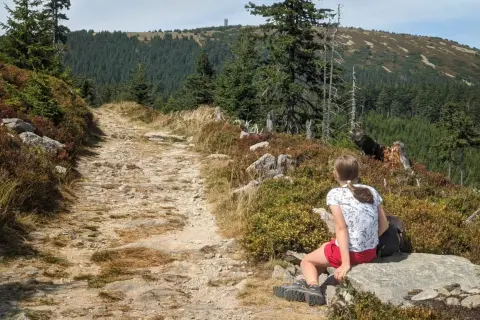 Dziewczynka odpoczywa na kamieniu przy kamienistym szlaku. W tle gęsty las i góra z wieżą. Piękny widok na śnieżnik szlaki.