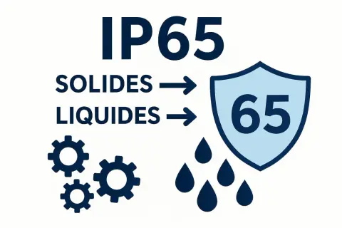Illustration expliquant la classification IP65 : protection contre les solides (engrenages) et les liquides (gouttes d'eau).