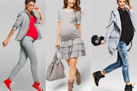 Trzy kobiety w ciąży prezentują stylową modę ciążową: elegancki zestaw z marynarką, zwiewną sukienkę i casualowy look z jeansami.