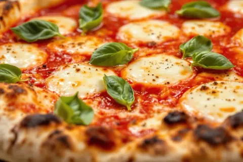 En närbild av en napolitansk pizza med smält mozzarella, tomatsås och färsk basilika. Ost till napolitansk pizza är perfekt!
