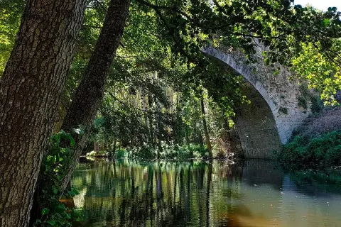 Puente de piedra sobre un río tranquilo, reflejando árboles frondosos. Un rincón idílico en Montemayor del Río, como una piscina natural.