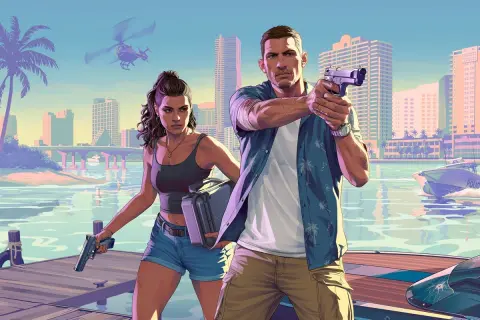 Para GTA 6 PC: para, uzbrojeni po zęby, przygotowują się do akcji na tle słonecznego miasta.