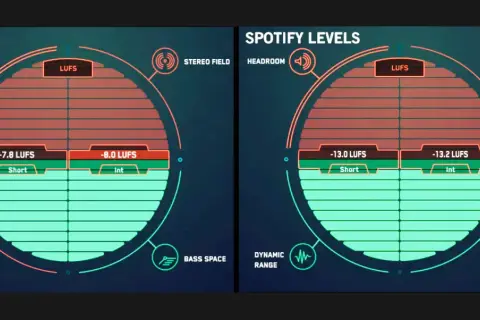 Porównanie loudness: CD (ok. -8 LUFS) vs Spotify (ok. -13 LUFS). Wyższe LUFS na CD, niższe na Spotify.