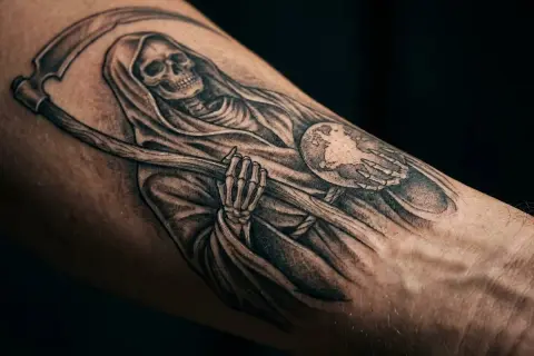 Chicano tattoo: Śmierć z kosą trzymająca kulę ziemską, symbolizująca przemijanie i los.