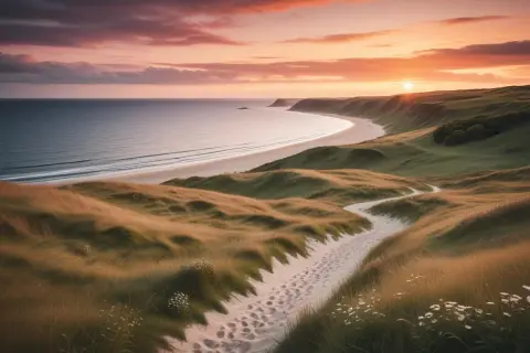 En sandstig slingrar sig genom gräsbevuxna dyner vid havet. Solnedgången färgar himlen i varma toner, perfekt för en vandring i Danmark.