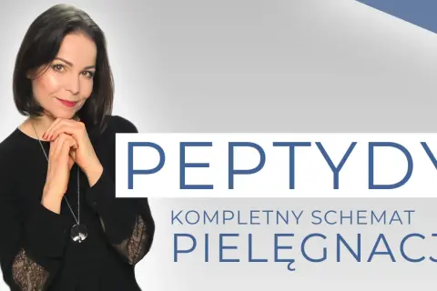 Kobieta w czarnej bluzce z koronką, obok napis "PEPTYDY KOMPLETNY SCHEMAT PIELĘGNACJI". Dowiedz się, z czym nie łączyć peptydów.