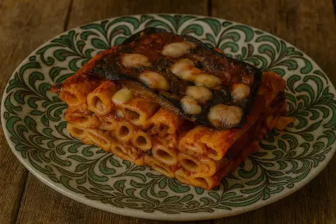 Piatto di pasta al forno con melanzane, un classico tra le melanzane ricette estive, servito su un piatto decorato.