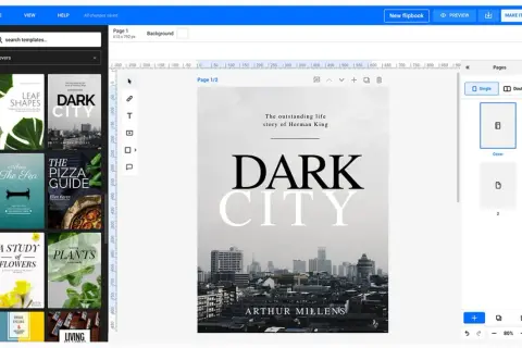 Interfaz para hacer portada online. Muestra plantillas de portadas de libros y un editor para crear tu diseño.