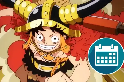 Luffy im Oni-Kostüm mit Kalender-Symbol. Wann geht One Piece weiter?