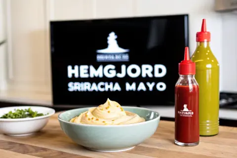 En skål med krämig sriracha mayo med topping, bredvid en flaska sriracha och en grön sås. Perfekt för ditt sriracha mayo recept!