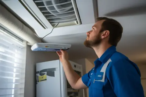 Technik dokonuje odbioru wentylacji mechanicznej, sprawdzając urządzenie pod sufitem.