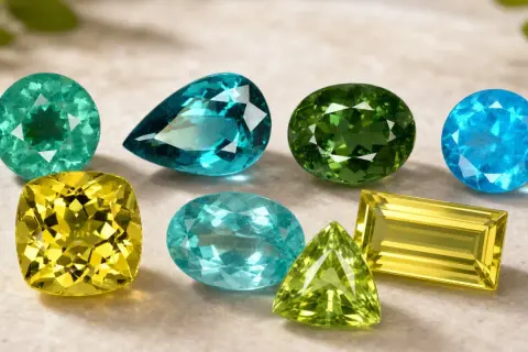 Variedad de gemas de apatito en tonos verdes, azules y amarillos, mostrando sus deslumbrantes propiedades.
