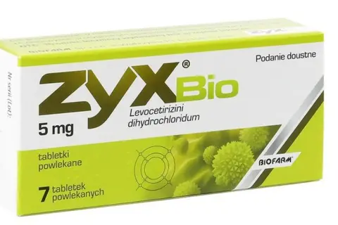 Opakowanie leku ZYX Bio 5 mg zawierające 7 tabletek powlekanych, z substancją czynną Levocetirizini dihydrochloridum.
