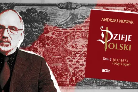 Portret mężczyzny w okularach na tle starej mapy i okładki książki "Dzieje Polski".