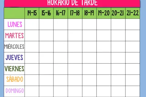 Plantilla horario actividades extraescolares. Tabla semanal con días de lunes a domingo y franjas horarias de 14 a 22h para organizar la tarde.