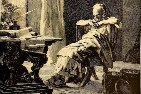 Archimedes, zamyślony, siedzi przy stole z zwojami. Żołnierz w hełmie stoi obok.