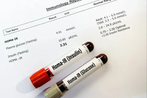 Wyniki badań HOMA-IR, kluczowe dla oceny insulinooporności. Dwa probówki z próbkami krwi.