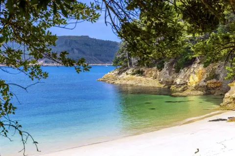 Playa caolín, una cala virgen de arena blanca y aguas turquesas, rodeada de acantilados y vegetación frondosa.