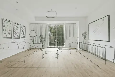 Szkic sytuacyjny salonu z kanapą, fotelem, stolikiem kawowym i komodą. Widok na balkon przez drzwi tarasowe.