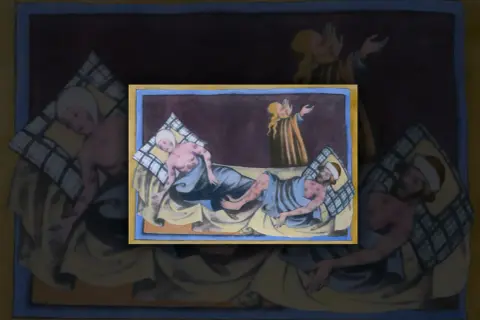 Illustration av sjuka människor med bölder, en påminnelse om justinianska pesten. En person ber i bakgrunden.