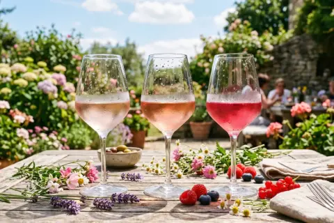 Drei Gläser saignee rose stehen auf einem Holztisch, dekoriert mit Beeren und Blumen. Im Hintergrund eine sonnige Gartenszene mit Menschen.