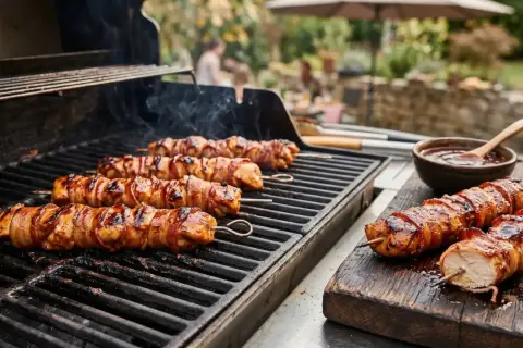 Fleischspieße mit Speck umwickelt brutzeln auf dem Grill. Perfekt für leckere Grill Rezepte im Sommer.