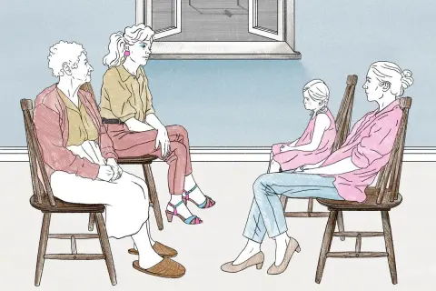 Grupa kobiet, w tym starsza pani, młoda kobieta i dziewczynka, siedzą na krzesłach. Ilustracja może być częścią poradnika dla rodziców dorosłych dzieci.
