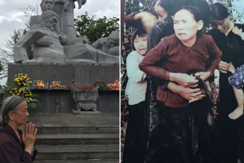 Minnesmärke över my lai massakern. En kvinna ber framför en staty. Till höger, en bild av skräck och lidande.