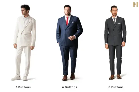 Uomini in abiti eleganti: uno bianco monopetto, uno blu doppiopetto 4 bottoni, uno grigio doppiopetto 6 bottoni.