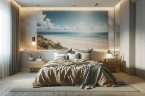 Beruhigendes Schlafzimmer mit Strandmotiv-Wandbild. Helle Farben und natürliche Materialien schaffen eine entspannte Atmosphäre – tolle Schlafzimmer Ideen.