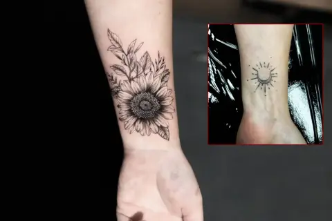 Sonnenblume und Mond-Sonne-Tattoo am Handgelenk. Ein schönes Beispiel für dark work tattoo Kunst.