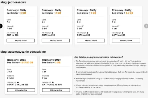 Oferty Orange na kartę: pakiety jednorazowe i odnawialne. Znajdź idealny pakiet dla siebie, np. rozmowy i SMSy bez limitu + 3 GB za 7 zł.
