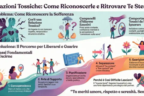 Un'immagine illustra i passi per uscire da relazioni tossiche, mostrando come riconoscere i segnali e guarire, evitando di far sentire in colpa una persona.