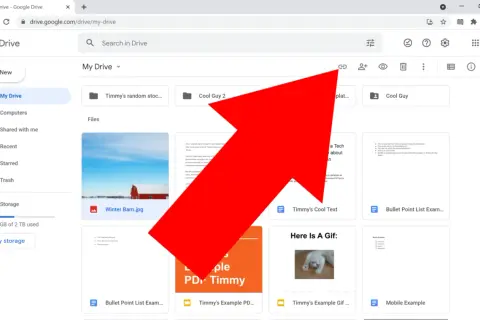 Red arrow points to the link icon in Google Drive, showing how to upload a link.