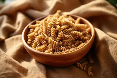 Drewniana miska pełna makaronu fusilli na lnianym tle.