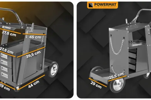 Projekt wózka do spawarki Powermat. Mobilny pomocnik z szufladami i półkami, wymiary podane w cm.
