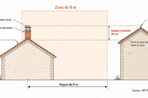 Schéma de tubage de poêle à bois : distance de 8m et hauteur minimale de 40cm pour la souche de cheminée par rapport au faîtage.