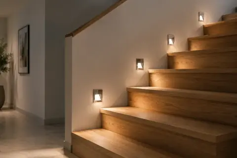 Elegancka, wysoka klatka schodowa w domu z drewnianymi stopniami i dyskretnym oświetleniem ściennym, tworzącym ciepłą atmosferę.
