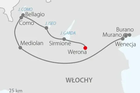 Trasa podróży: Mediolan, Sirmione nad jeziorem Garda, Werona, Wenecja. Skala 25 km.
