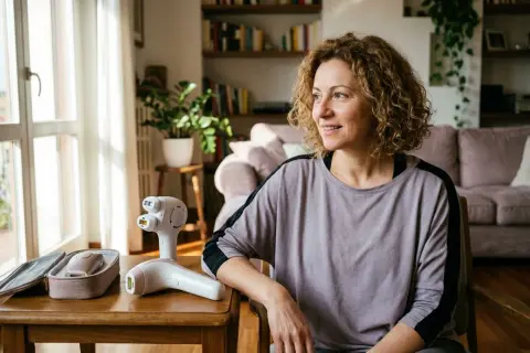 Donna sorridente con epilatori laser. Chissà quanto tempo ci vuole per rasare una stanza con questi dispositivi.