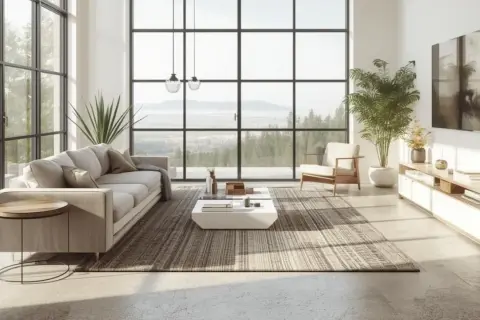 Salón moderno con grandes ventanales. El suelo de microcemento, con sus ventajas y desventajas, complementa el mobiliario minimalista y las vistas al exterior.