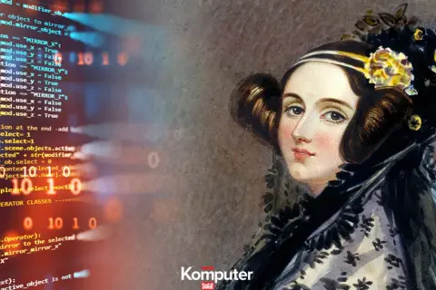 Ada Lovelace, pierwsza programistka, w otoczeniu kodu komputerowego.