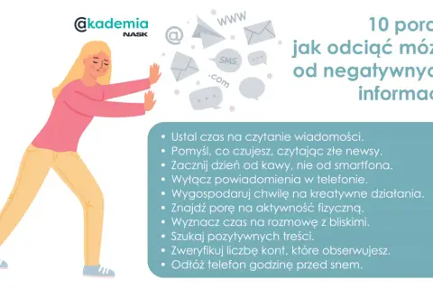 Kobieta walczy z natłokiem negatywnych informacji, symbolizując walkę z doom scrollingiem. Porady jak odciąć mózg od złych wiadomości.