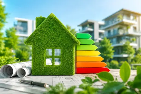 Casa in erba con scala energetica, simbolo della **direttiva case green**. Progetti e penna in primo piano, edifici moderni sullo sfondo.