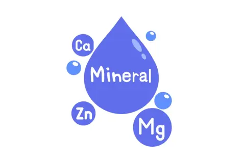 Goutte d'eau "Mineral" entourée de bulles "Ca", "Zn", "Mg". Illustration simple pour le classement eau résidu à sec.