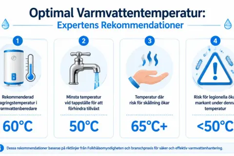 Grafik visar optimala temperaturer för varmvattenberedare. En blandningsventil kan hjälpa till att uppnå rätt temperatur.