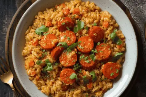 Un délicieux risotto chorizo, garni de persil frais, prêt à être dégusté.