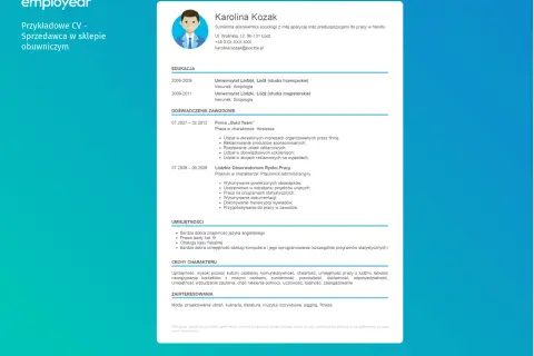 Przykładowe CV sprzedawcy z ikoną osoby i danymi kontaktowymi.