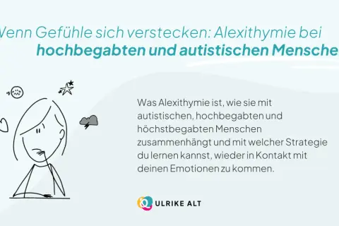 Eine Person mit vielen Symbolen für Gefühle um den Kopf. Alexithymie Ursachen bei Hochbegabten und Autisten.